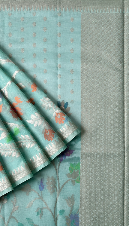 Chanderi  Silk Saree with All over Jamdani weaving style and golden Zari border - Light Green