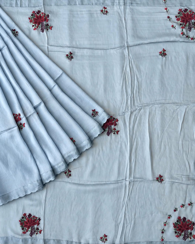 Italian Silk Saree With Kantha Work and French knot Work and Scallop Border- Blue