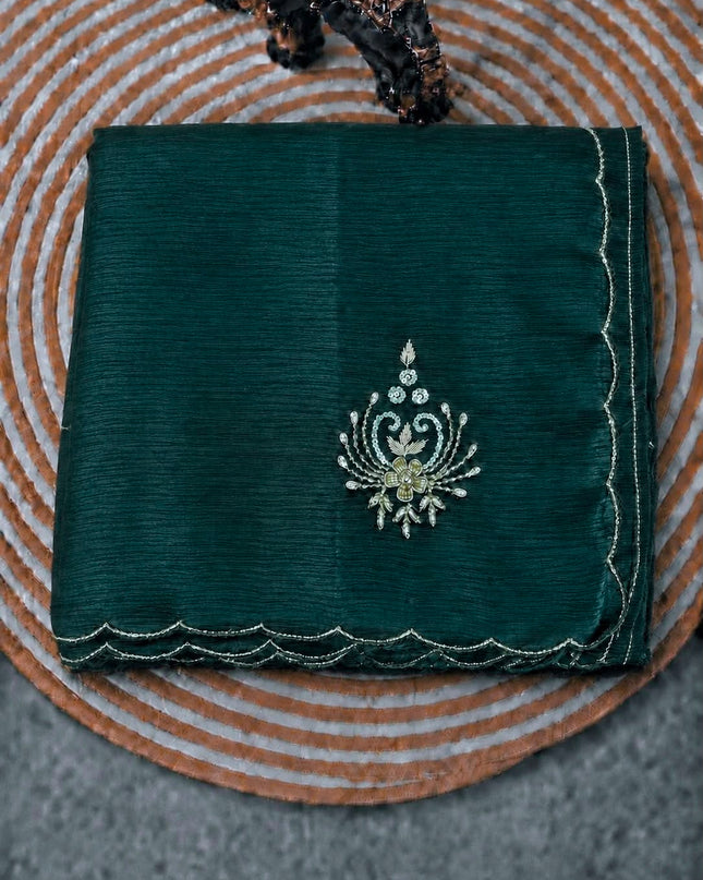 Soft Crush  Saree With Kardhana Sequences Work and Scallop Border - Rama Green