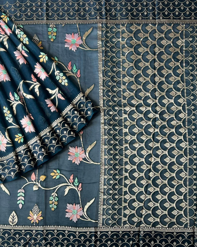Kaddi Georgette saree with all over Floral Minakari Weaving  -  Peacockblue