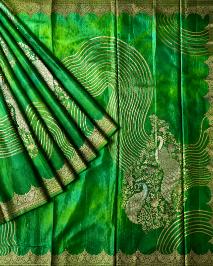 Banaras Crepe Saree With Shibori and Meenakari Weaving Golden Zari Border -Green