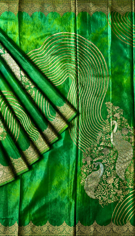 Banaras Crepe Saree With Shibori and Meenakari Weaving Golden Zari Border -Green