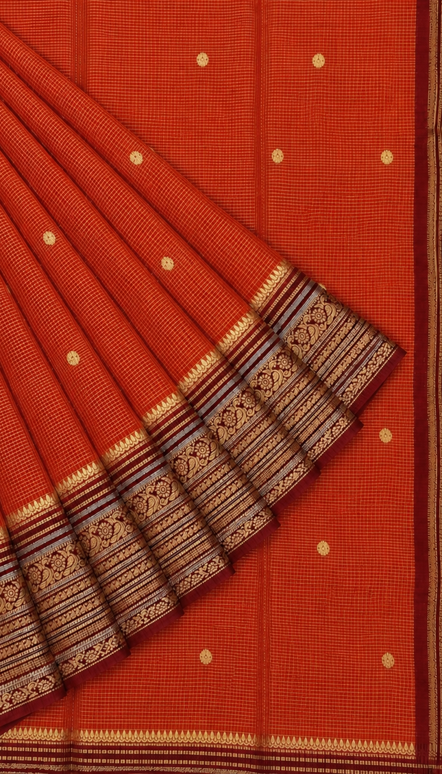Green Silk Saree With Golden Zari Butties And Kanchi Border - Orange & Rani Pink