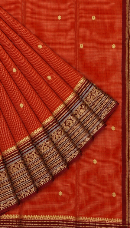 Green Silk Saree With Golden Zari Butties And Kanchi Border - Orange & Rani Pink