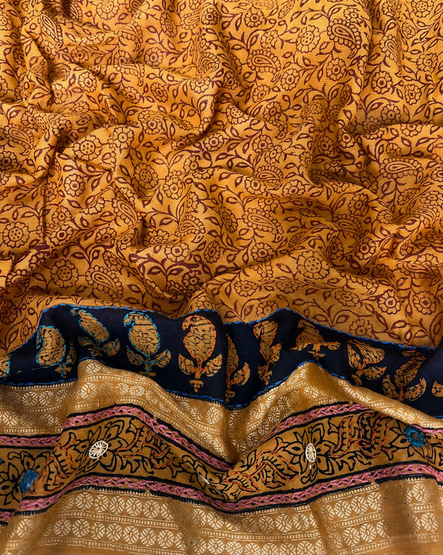 Cotton Saree With Kantha Work and Mirror work  -Orange