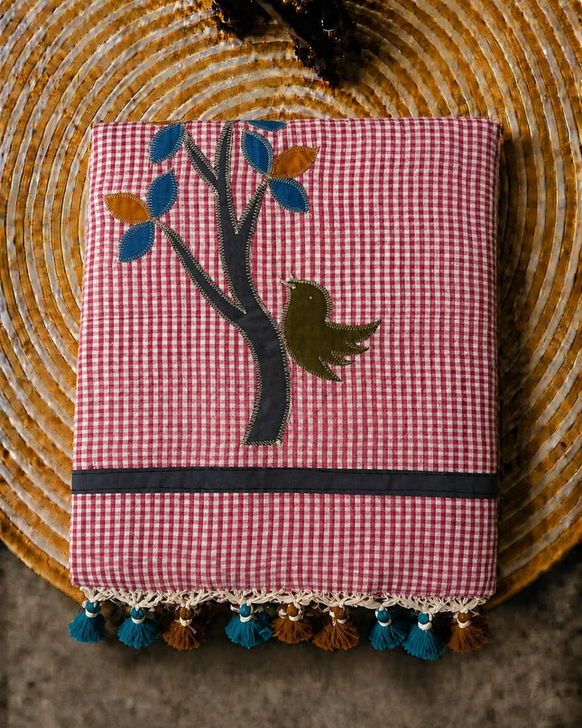 Cotton Saree With Checks Design and Contrast Border - Pink