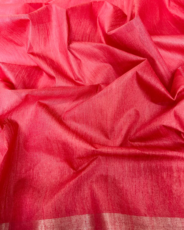 Semi Tusser Saree with Zig Zag Print and Warly Print and contrast Border - Pink
