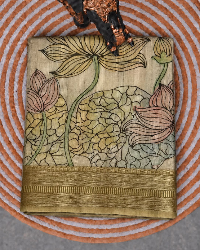 Jute Tissue Silk Saree With Floral Print and Contrast Border-  Beige