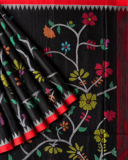 Tusser Jamdani Saree Weaving Butties  With Contrast Border-  Black