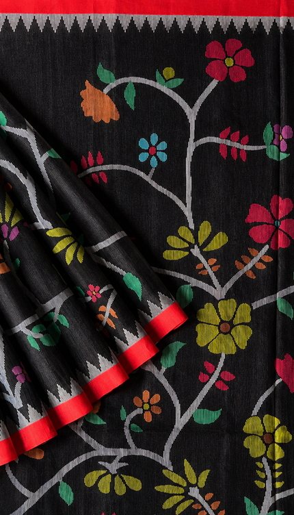 Tusser Jamdani Saree Weaving Butties  With Contrast Border-  Black