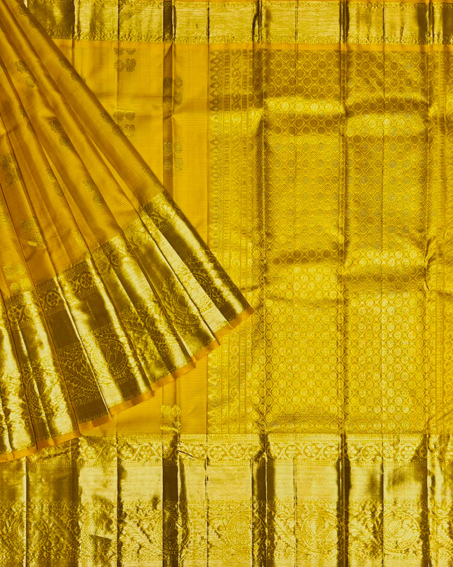Pure Kanchi Pattu Saree With Allover Stripes Design and Rudraksh Peacock Motifs and Golden Border - Yellow