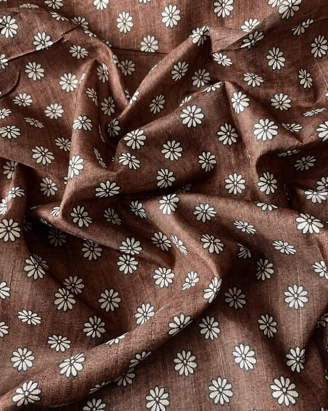 Tusser Saree With All Over Thread Embroidery  Work Flower Print Border - Brown
