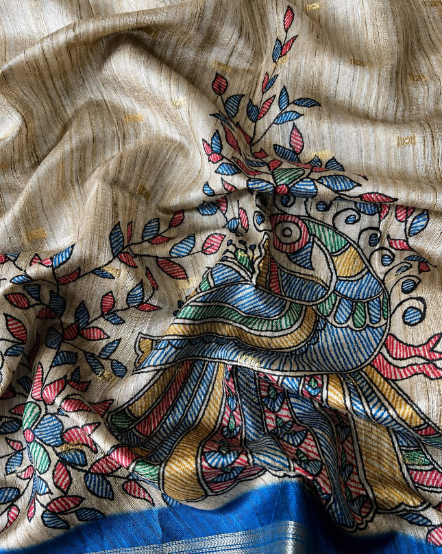 Tusser Saree With Floral Print  and small gold Buttes with and Golden Border  -Peacock Blue
