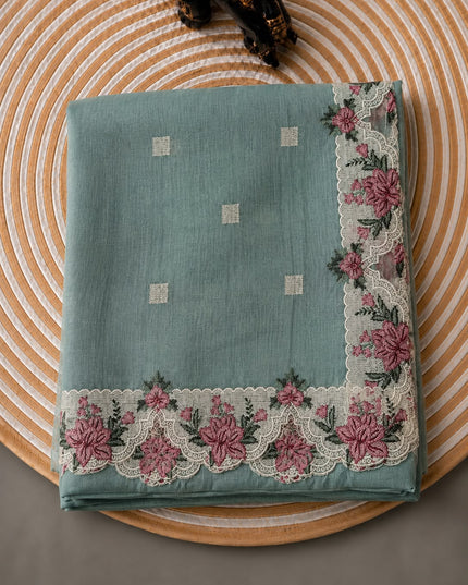 Linen Tissue Saree with square boxes Butties and Cross stich Scallop Border - Sky Blue