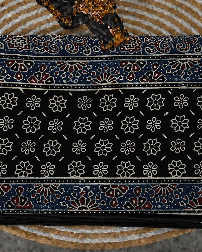 Modal silk saree with ajrakh Design and  Contrast Border - Blue