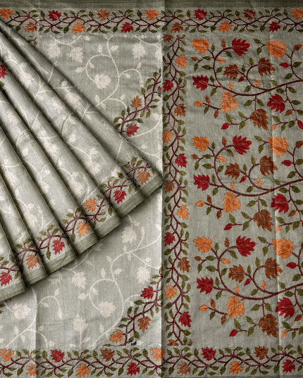 Tusser Silk Saree With Ari work and Floral Print and Contrast  Border - Light Green