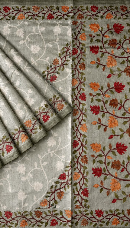 Tusser Silk Saree With Ari work and Floral Print and Contrast  Border - Light Green