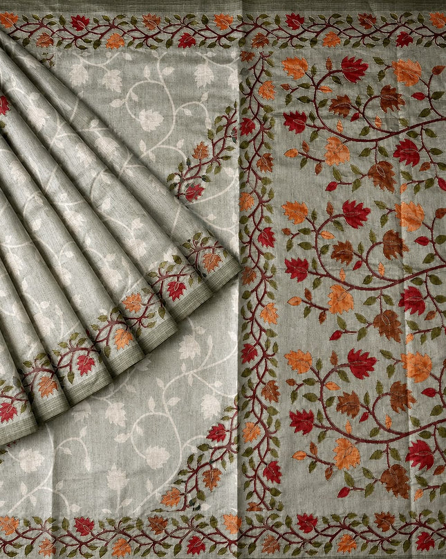 Tusser Silk Saree With Ari work and Floral Print and Contrast  Border - Light Green