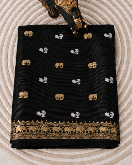 Munga Silk Saree With Gold and Silver Peacock and Elephant Butties Golden  Zari Elephant Design  Border -Black