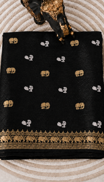 Munga Silk Saree With Gold and Silver Peacock and Elephant Butties Golden  Zari Elephant Design  Border -Black