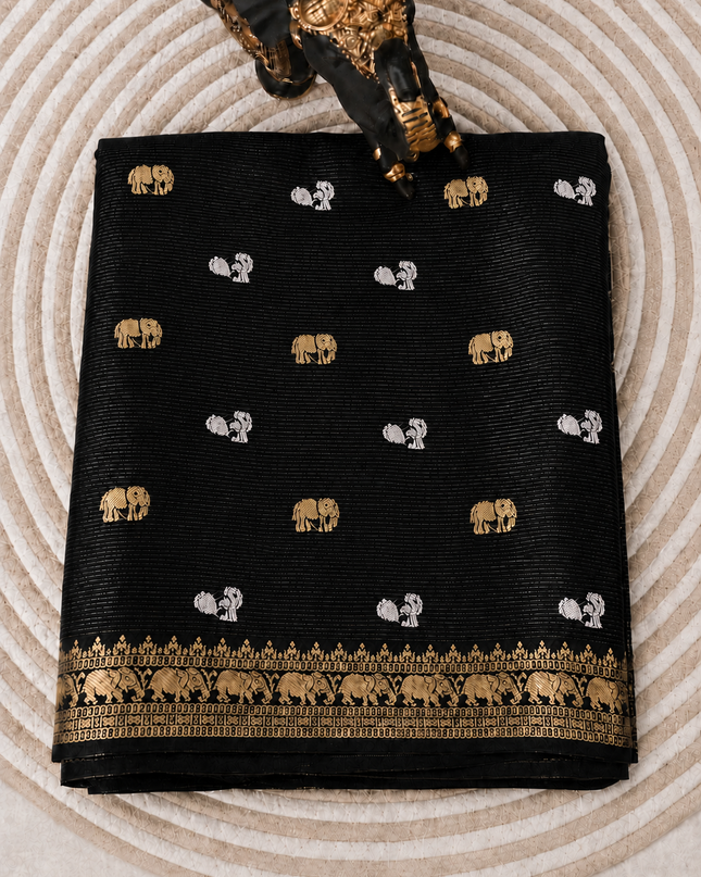 Munga Silk Saree With Gold and Silver Peacock and Elephant Butties Golden  Zari Elephant Design  Border -Black