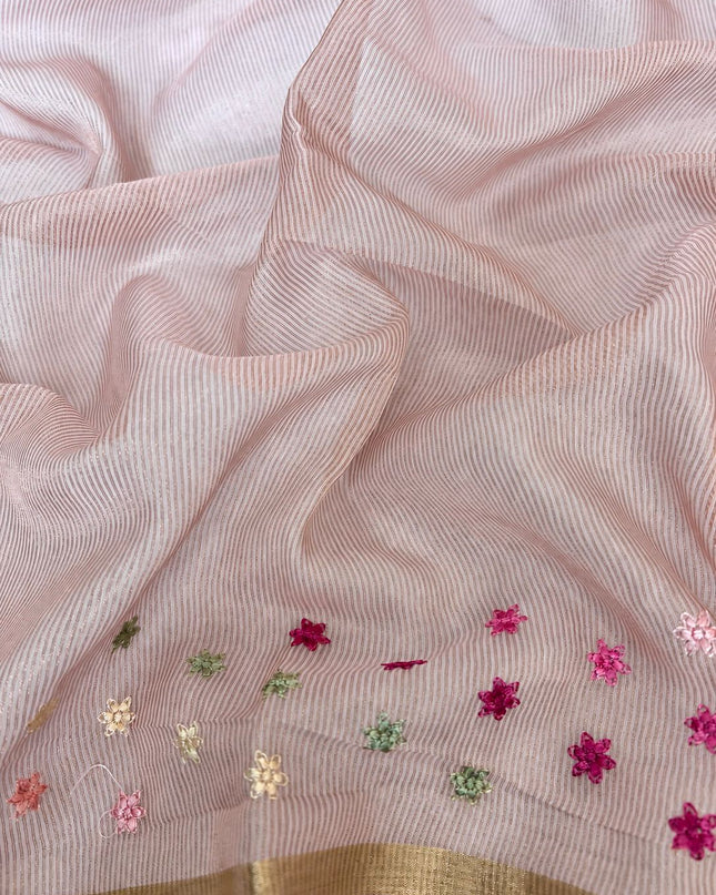 Mul  chanderi saree with thread embroidery Work and Small Border -  Baby Pink