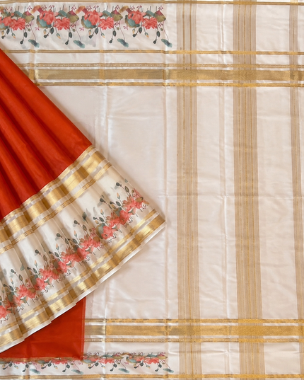 Crepe Saree With Gap Border and  Floral Print -  Orange