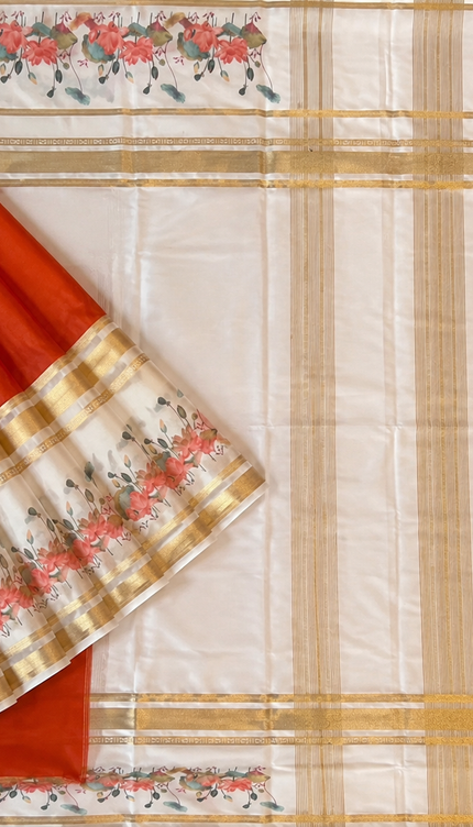 Crepe Saree With Gap Border and  Floral Print -  Orange