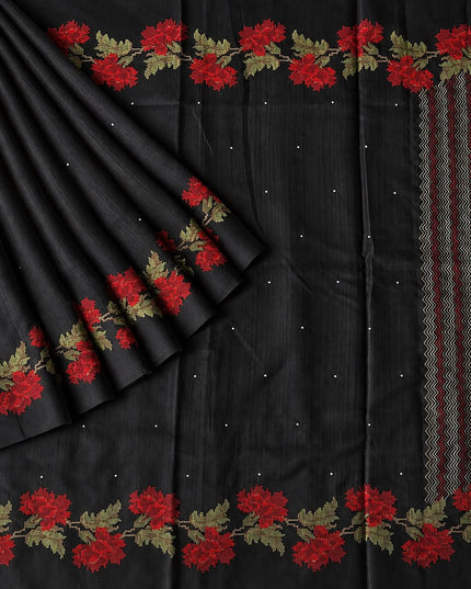 Jute Tusser Silk Saree With Cross Stich Work Border- Black