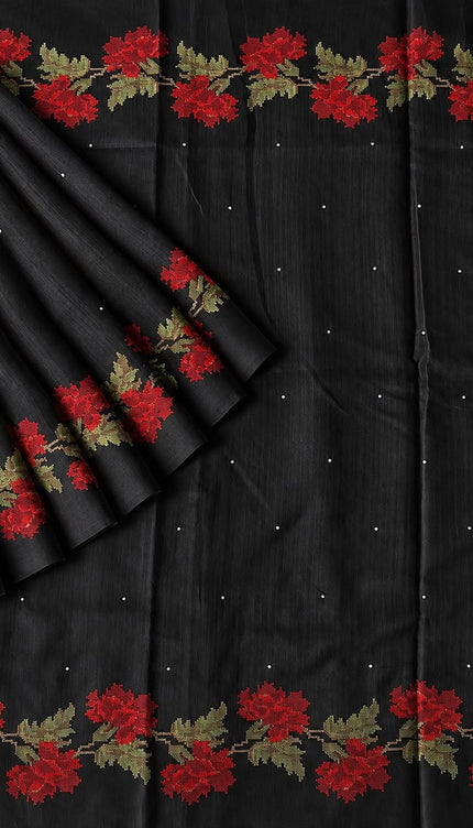 Jute Tusser Silk Saree With Cross Stich Work Border- Black