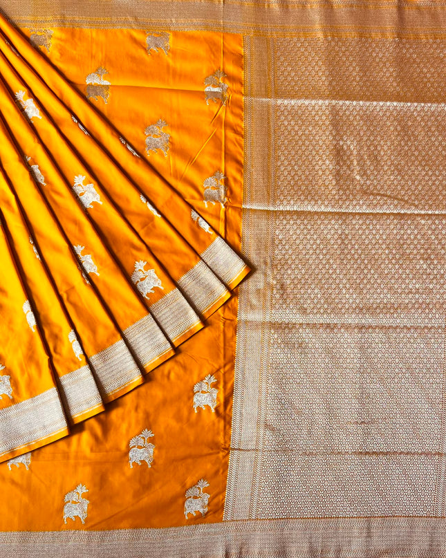Mashru Banaras saree with Pichwai  Weaving Buttes and Kaddi Border - Mustard