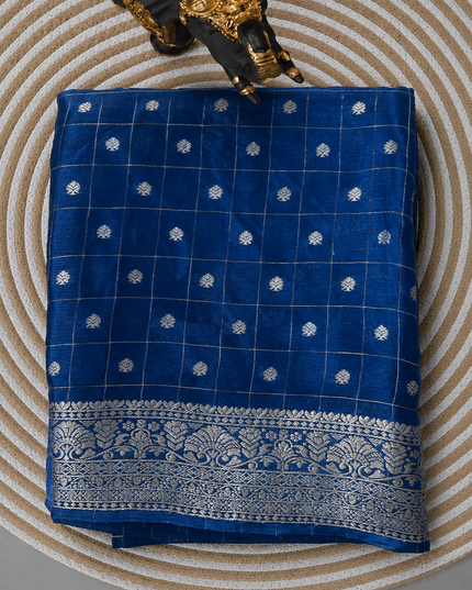Chinon Silk Saree  with Golden Zari  Weaving Checks Design With Small Butties  Contrast Golden Zari Border -Teal Blue