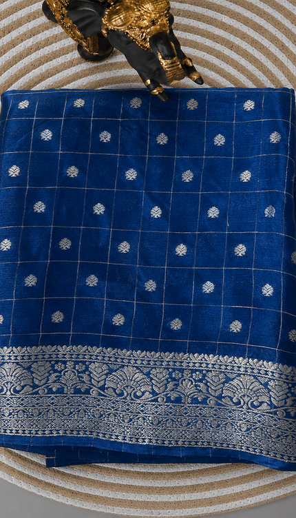 Chinon Silk Saree  with Golden Zari  Weaving Checks Design With Small Butties  Contrast Golden Zari Border -Teal Blue