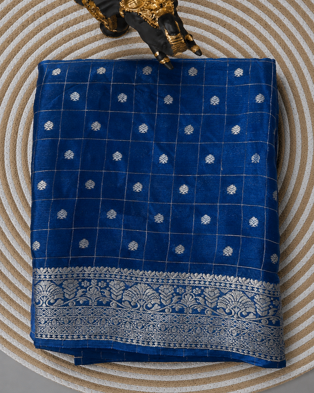 Chinon Silk Saree  with Golden Zari  Weaving Checks Design With Small Butties  Contrast Golden Zari Border -Teal Blue