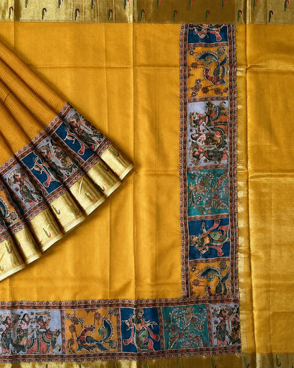 Kota Silk Saree with Kalamkari Dori Work and Muniya Border  - Mustard