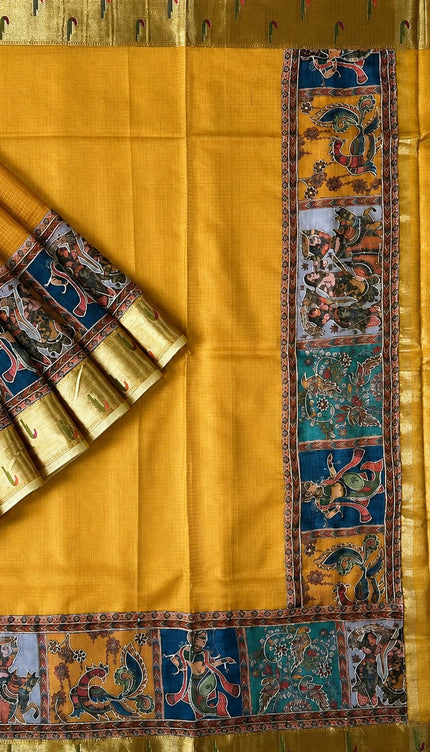 Kota Silk Saree with Kalamkari Dori Work and Muniya Border  - Mustard