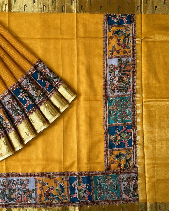 Kota Silk Saree with Kalamkari Dori Work and Muniya Border  - Mustard