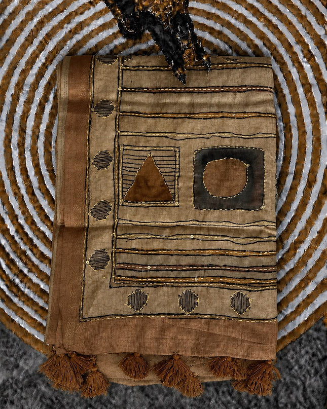 Tusser Silk Saree With Floral Print and Kantha work and Contrast Border - Brown