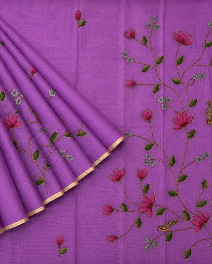 Kota Silk Saree with All over Thread Weaving Flower Butties and Golden Border - Purple