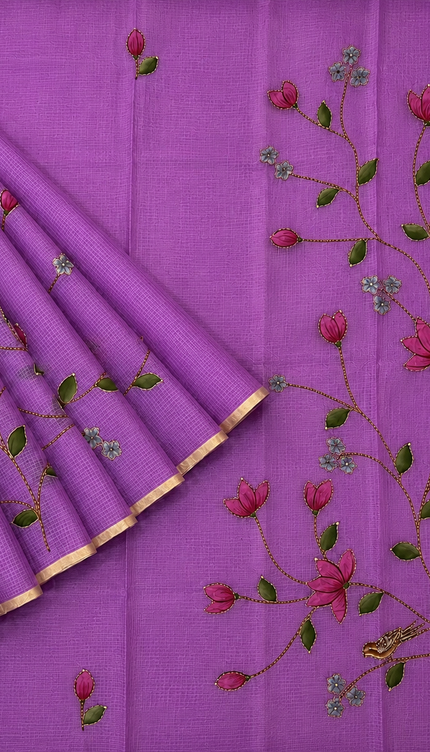 Kota Silk Saree with All over Thread Weaving Flower Butties and Golden Border - Purple
