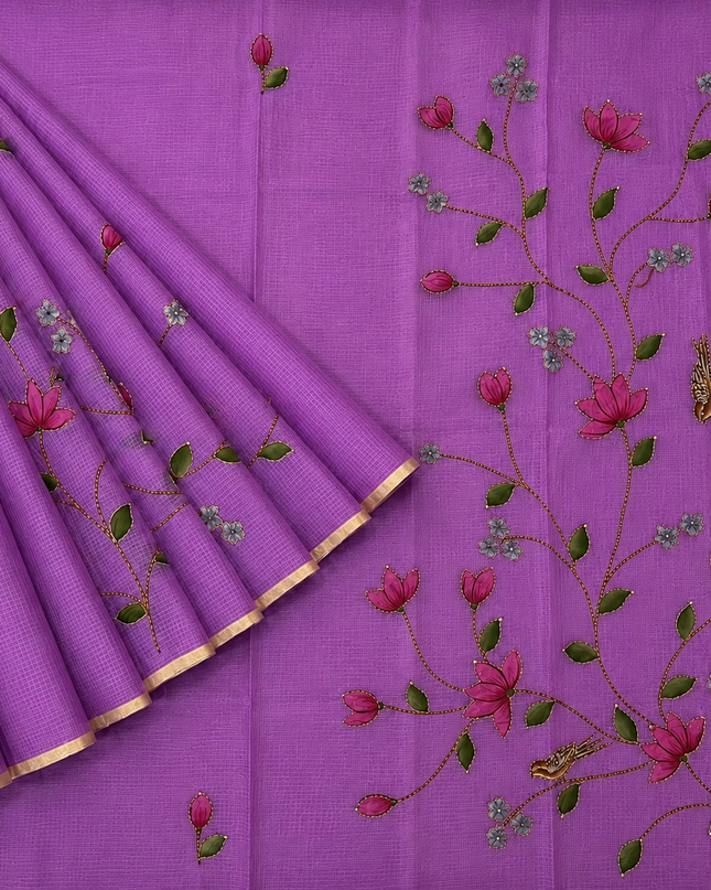 Kota Silk Saree with All over Thread Weaving Flower Butties and Golden Border - Purple