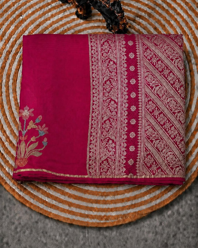 Manipuri kota  Gold and silver  Zari weaving Buttis  with Satin Border -Rani Pink