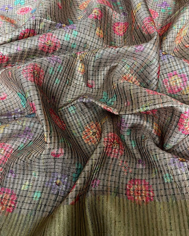 Tusser Silk Saree with Check Design and Contrast Border - Off White & Light Onion Pink