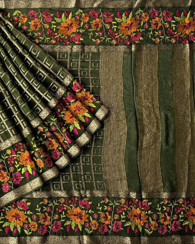 Chinon Crepe Saree With Golden Checks Design and Thread Embroidery Border -Olive Green