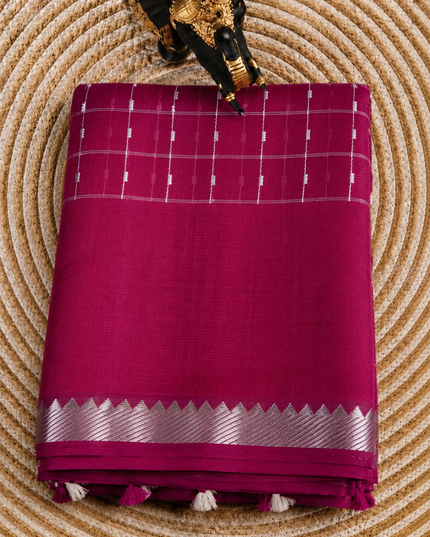 Mangaligiri Silk  Saree with  Thread  Weaving Checks Design and Golden Zari Temple  Border -  Rani Pink