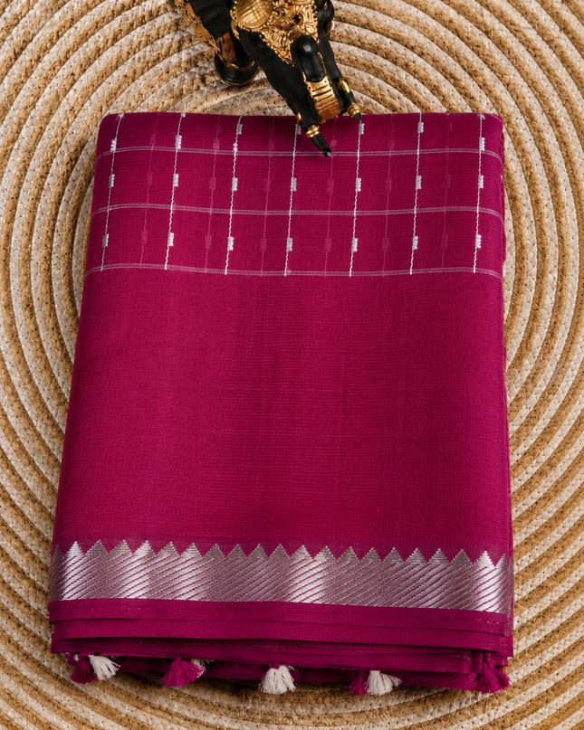 Mangaligiri Silk  Saree with  Thread  Weaving Checks Design and Golden Zari Temple  Border -  Rani Pink