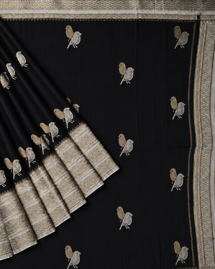 Raw silk sarees with Gold and Silver Zari Peacock design and Contrast border - Black