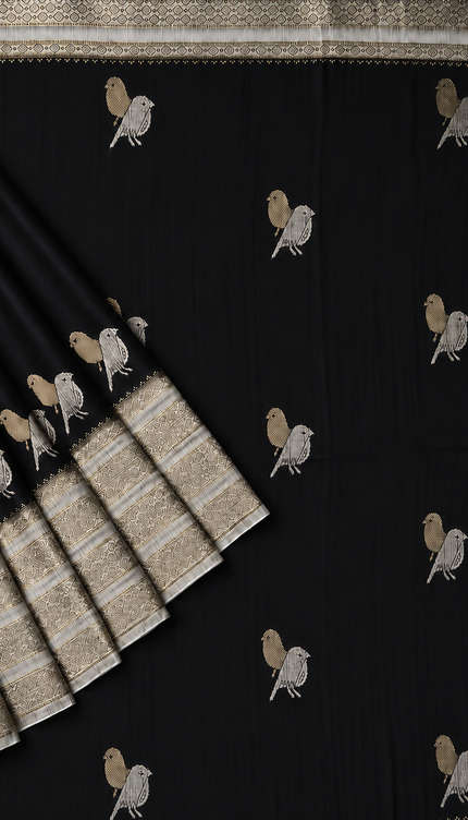 Raw silk sarees with Gold and Silver Zari Peacock design and Contrast border - Black