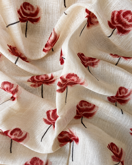 Linen Saree with Floral Print and Kardhana Work - Beige &  Orange