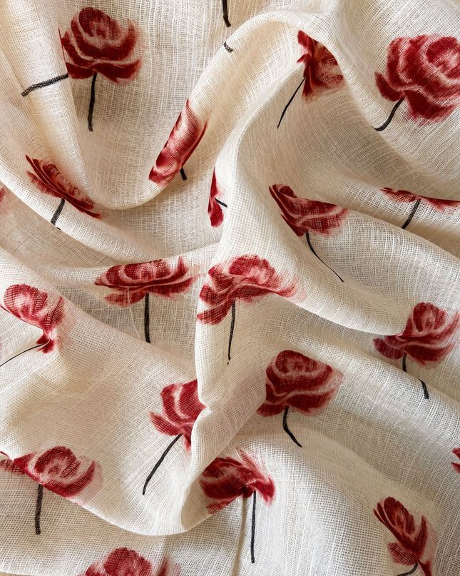 Linen Saree with Floral Print and Kardhana Work - Beige &  Orange